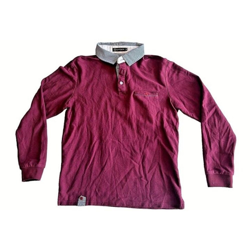 GHYUGR Men Med Maroon Long Sleeve Polo Golf Shirt Gingham Collar Preppy Teacher‎